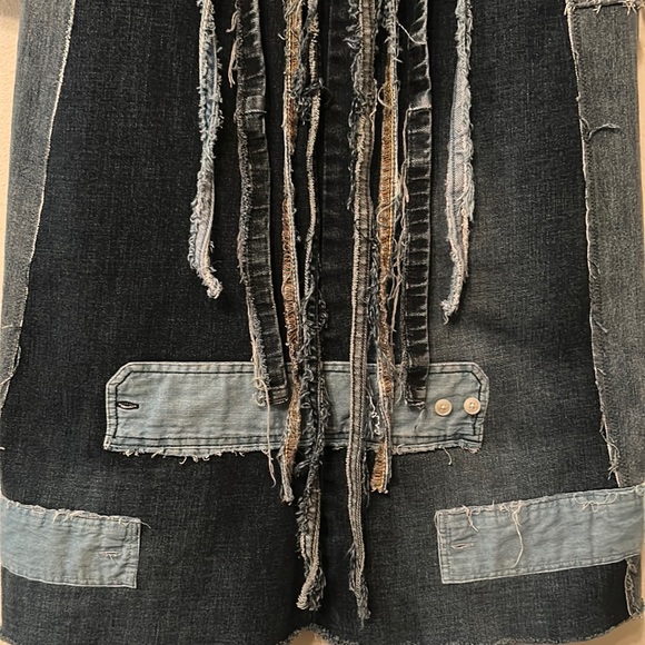 Handmade upcycled boho fringe and crochet patched tattered denim duster jacket - Picture 14 of 17